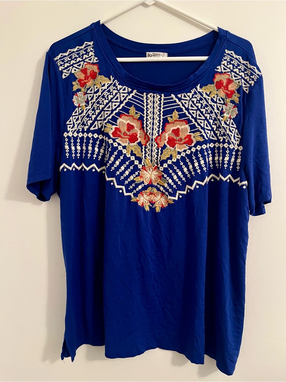 JODIFL Royal Blue Short Sleeve Scoop Neck Top with Floral Embroidery